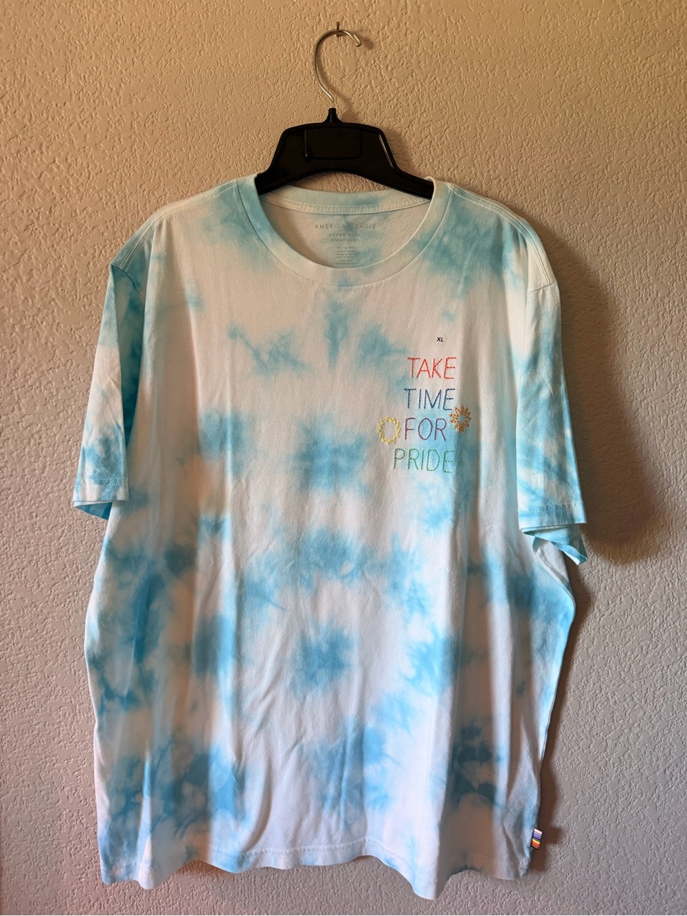 American Eagle Outfitters Blue White Tie-Dye 'Take Time For Pride' Graphic Tee